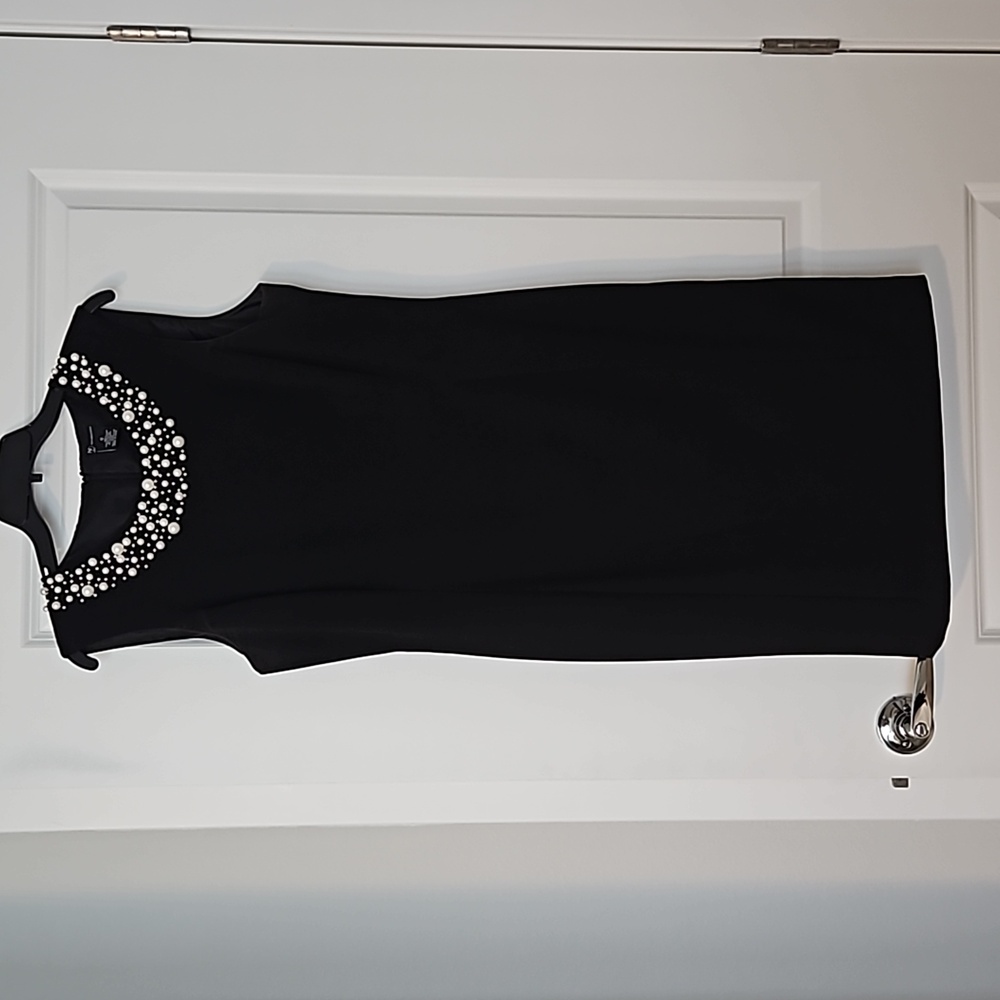 New Directions Black sheath dress with pearl neck